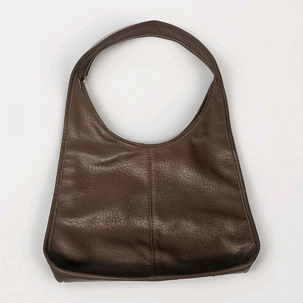 Vintage Brown Pebbled Faux Leather Tote Handbag Purse Minimalist Gold Tone Zip